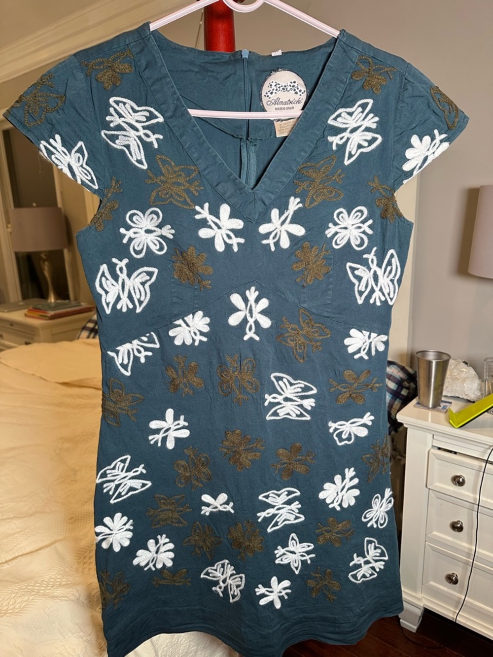 VTG Almatrichi Madrid Spain Embroidered Floral  Mini Dress White Green Size 40